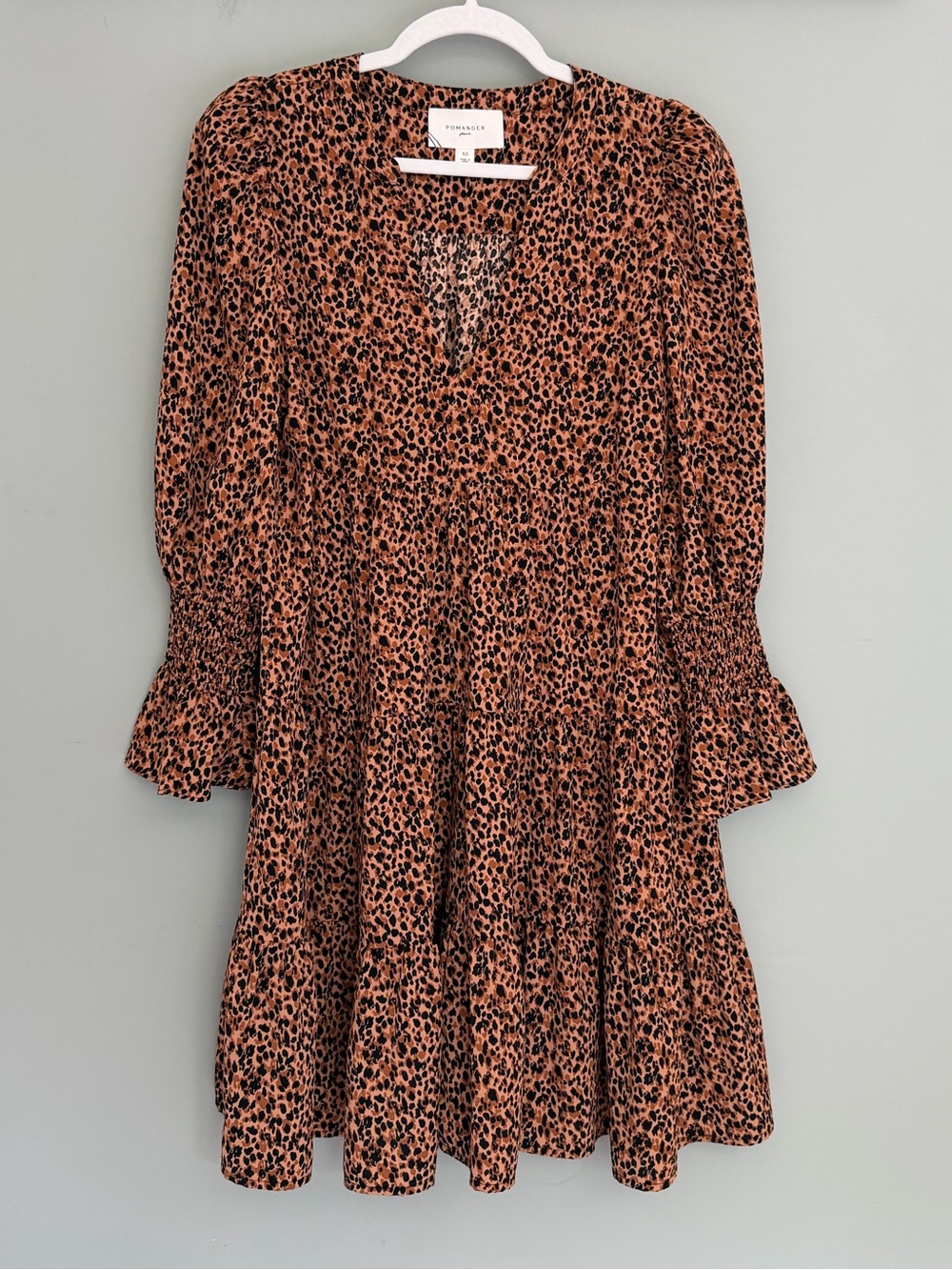 Pomander Place "Kenzo" Leopard Print Orange Brown Black V-Neck Tiered Dress